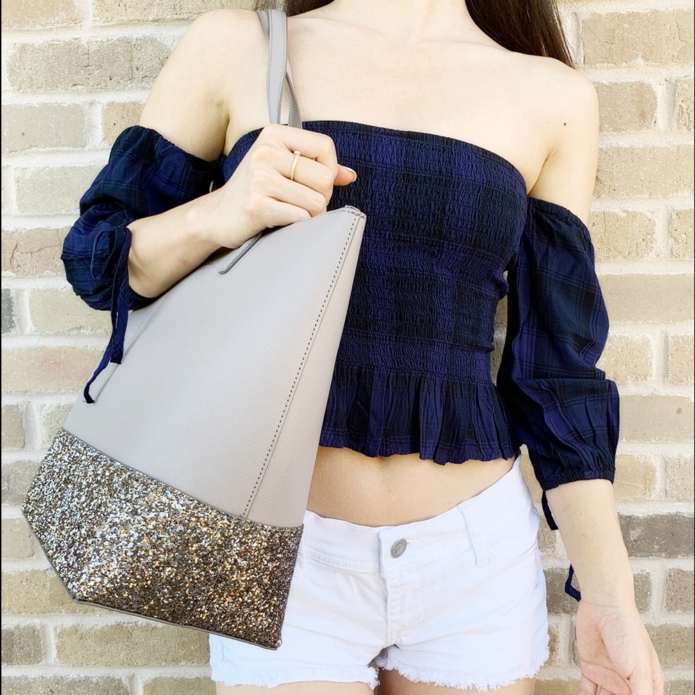 Gaby’sBags👜💕-Kate Spade Large Glitter Tote Gray - Picture 4 of 7